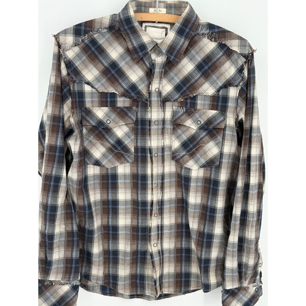 BKE Mens Distressed Western Plaid Button-Down Shirt Small 100% Cotton Blue/Brown